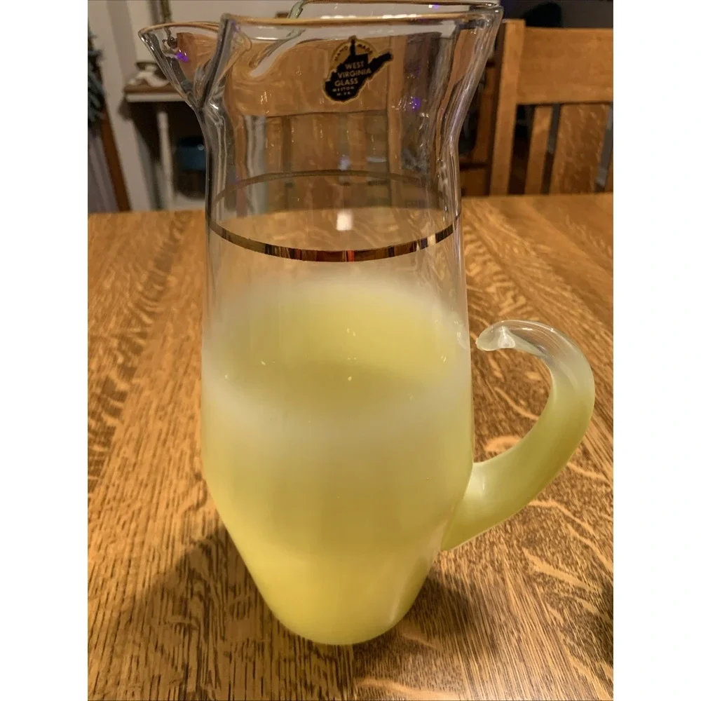 Vtg Lot Blendo Yellow Ombre Frosted Glass Set BIG Pitcher & 6 Tumblers MCM Decor